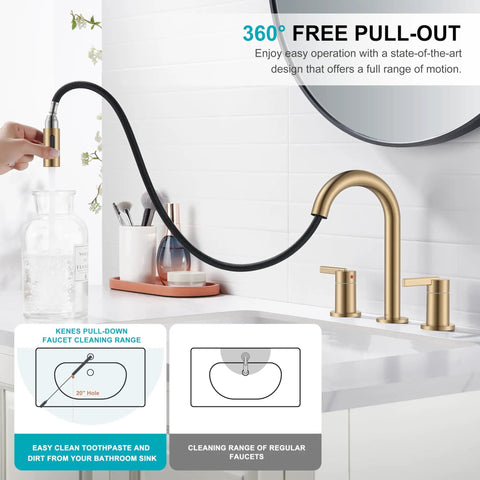 Sleek Champagne Bronze Pull Down Bathroom Faucet Featuring Twin Handles And Flexible Spray Wand delivering heavy duty performance in a modern sink.