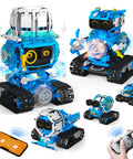 Five In One STEM RC Robot Building Kit With 494 Pieces App Coding Hands On Learning Toy For Ages 8 To 13 AI Interactive Robot With Expressive Eyes And Transformations From Snail To Tank Kid Friendly And Super Cool. Blue track robot with app and remote control