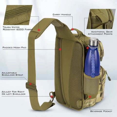 Back view of BlowBak Tactical Sling Tackle Bag Lightweight Fishing Backpack with water-resistant fabric and mesh pad detail