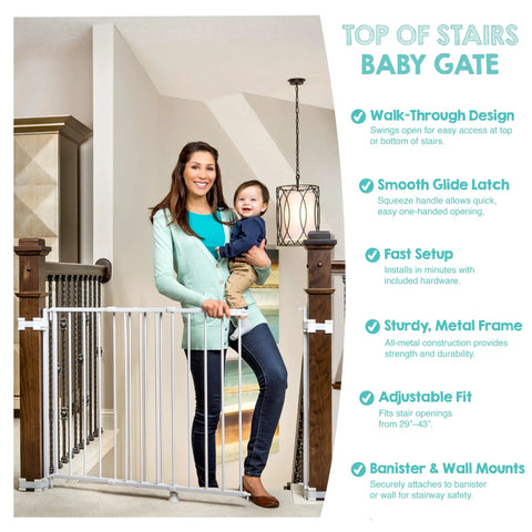Extra Wide 29 To 43 Inch Walk Through Baby Gate for stairs with hardware mount, banister kit, safe gate for toddlers and pets