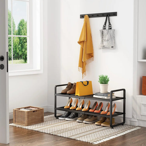 Expandable Metal Shoe Rack Organizer for Closet and Entryway Adjustable Two Tier Shoe Shelf Stackable Long Shoe Stand Holds Up to Eight Pairs Perfect Space Saver for Garage Hallway or Mudroom in entryway setup