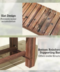 Close-up of 35.4 Inch Wooden Garden Bench with slat design and reinforced bars, showcasing durability and storage for patio use.