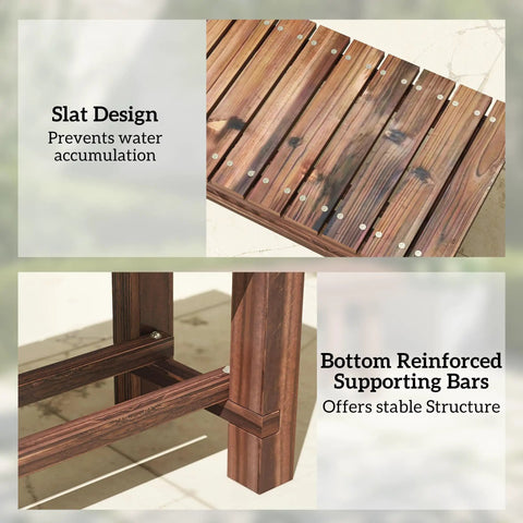 Close-up of 35.4 Inch Wooden Garden Bench with slat design and reinforced bars, showcasing durability and storage for patio use.