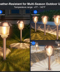 Six Pack Solar Pathway Lights Outdoor Waterproof Dimmable 10-40 LM in garden showing heat, thunderstorm, and snow resistance.