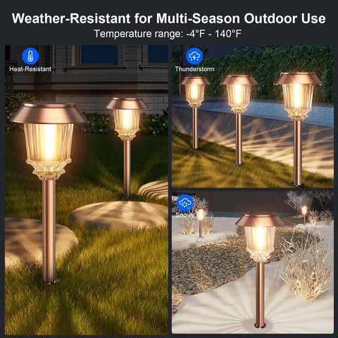 Six Pack Solar Pathway Lights Outdoor Waterproof Dimmable 10-40 LM in garden showing heat, thunderstorm, and snow resistance.