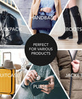 Image showing multiple items including a backpack, handbag, boots, suitcase, purse, and jacket ideal for 4 Pack Heavy Duty Zipper Pulls Replacement Clips Clip On Tabs Silver For Jackets Coats Luggage Suitcases Backpacks Boots And More Grab And Go Easy Install Zipper Puller Parts.
