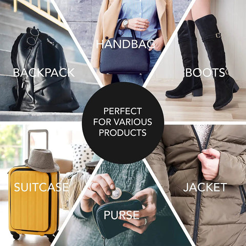 Image showing multiple items including a backpack, handbag, boots, suitcase, purse, and jacket ideal for 4 Pack Heavy Duty Zipper Pulls Replacement Clips Clip On Tabs Silver For Jackets Coats Luggage Suitcases Backpacks Boots And More Grab And Go Easy Install Zipper Puller Parts.