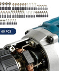 60-piece Carbon Brush Replacement Kit For Electric Motors, 10 sizes, shown with Dewalt Angle Grinder motor components.
