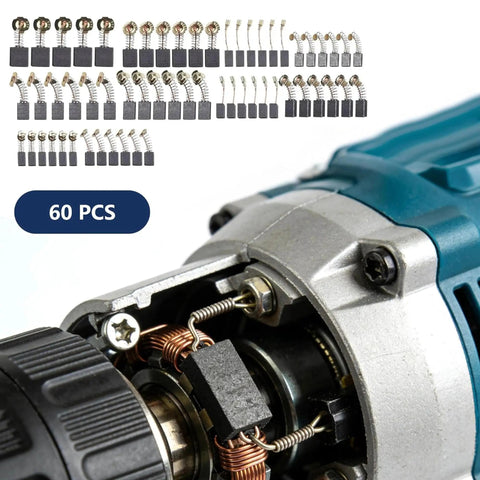 60-piece Carbon Brush Replacement Kit For Electric Motors, 10 sizes, shown with Dewalt Angle Grinder motor components.