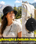 Unisex Sun Bucket Hat With UV Protection, lightweight black hat on woman and packed on backpack for hiking
