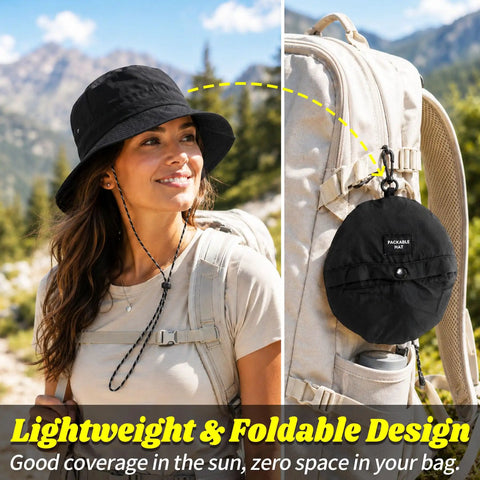 Unisex Sun Bucket Hat With UV Protection, lightweight black hat on woman and packed on backpack for hiking