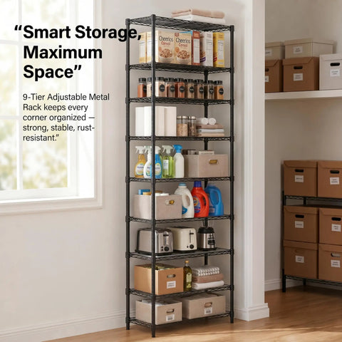 Level Up Your Home Organization Game With This Adjustable 9 Tier Steel Wire Shelving Rack, 81 Inch Tall Heavy Duty Extra Large Capacity Storage Unit, Black