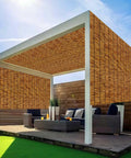 Privacy Screen Made Of Bamboo Reed Fencing For Patio And Backyard Hangout, 4 Feet High Outdoor Privacy Barrier setup under a pergola