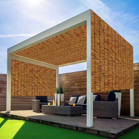 Privacy Screen Made Of Bamboo Reed Fencing For Patio And Backyard Hangout, 4 Feet High Outdoor Privacy Barrier setup under a pergola