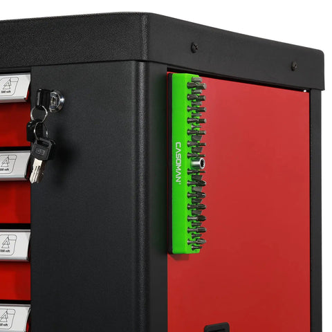 One Quarter Inch Hex Bit Organizer With Magnetic Base In Green Holds Up To Forty Three Hex Bits on metal cabinet