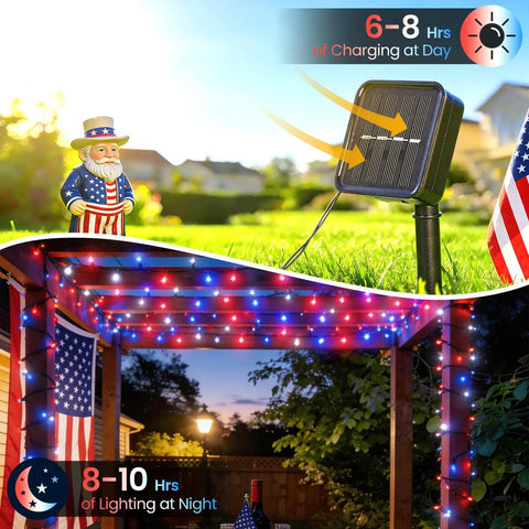 Solar Red White And Blue String Lights Outdoor Weatherproof For 4th Of July And Memorial Day Decor over gazebo at dusk