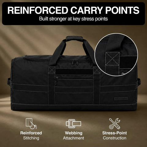 Beast Of A 132L 36 Inch Heavy Duty Extra Large Duffle Bag with reinforced handles, showing upgraded stitching and durable material.