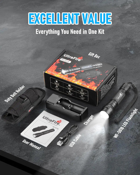 Tactical Flashlight With Holster And Charger, 1000 Lumen LED Duty Light kit including holster, charger, and manual on display