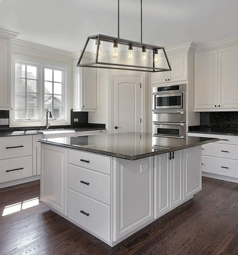 Oil Rubbed Bronze 38 Inch 5-Light Farmhouse Linear Pendant For Kitchen Island hanging over modern kitchen island with white cabinets.