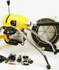 Heavy Duty Sectional Pipe Drain Cleaner With A Powerful 1.5 Hp Motor And 110V Setup features a yellow drum and tools for drain clogs.