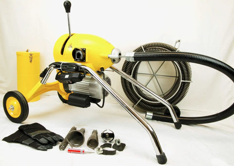 Heavy Duty Sectional Pipe Drain Cleaner With A Powerful 1.5 Hp Motor And 110V Setup features a yellow drum and tools for drain clogs.