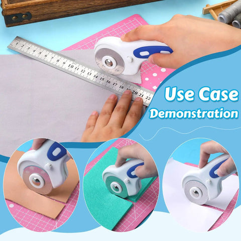 45mm Rotary Cutter Set With Five Replacement Blades And An A5 Cutting Mat for fabric crafting and sewing demonstration