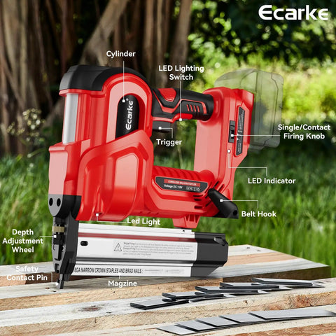 2-In-1 Cordless Brad Nailer And Stapler For Trim Wood DIY, showing LED lighting switch and firing knob, battery not included