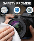 Anti-Fog lens wipes: close-up of hand wiping a camera lens with a white microfiber cloth; safety icons in background.