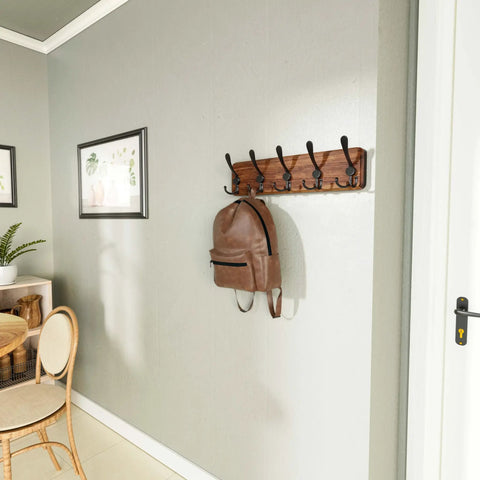 Rustic Wall Mounted Coat Rack With 16 Inch Stud Spacing Pine Real Wood Plank 5 Triple Hooks Farmhouse Wall Hanger with backpack