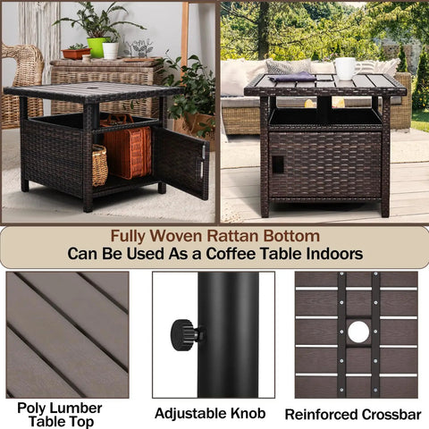 Outdoor Patio Umbrella Table With Two Weight Bags And Umbrella Hole Brown Wicker End Table With Storage Two Tier Design Side Table For Outside Use Poly Lumber Top Ideal For Pool Deck Garden And Balcony, featuring poly lumber top and storage compartments.