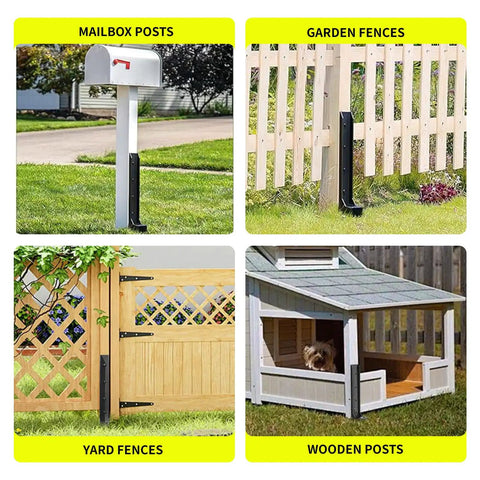 Two Pack Fence Post Repair Kit Fix Rotting Or Damaged Wood Posts Without Replacing Them With Heavy Duty Steel Brackets And Concrete Anchors For Permanent Stabilization And Lasting Value installed on various posts like mailbox, garden, yard, and wood structures.
