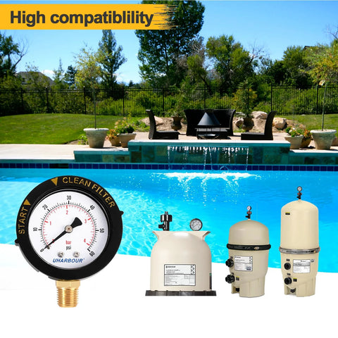 UHARBOUR pool filter pressure gauge, 60 psi, 1/4 in NPT bottom mount, shown with three pool filter tanks