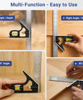 Job Site Ready 12 Inch Combination Square and Adjustable Carpenter Square shown in various uses, highlighting its 90° and 45° functionality.