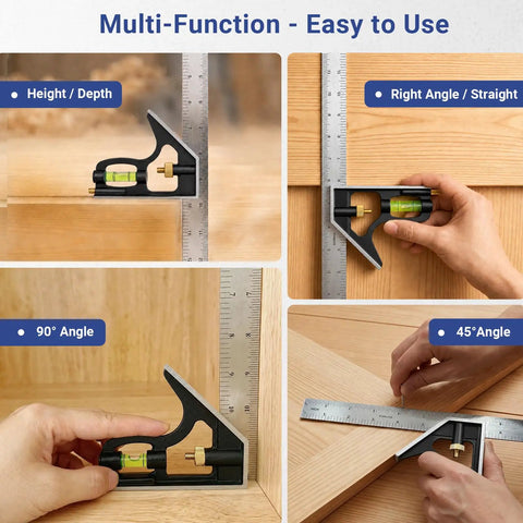 Job Site Ready 12 Inch Combination Square and Adjustable Carpenter Square shown in various uses, highlighting its 90° and 45° functionality.
