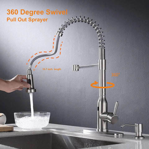 Touchless Kitchen Faucet With Motion Sensor Hands Free Operation Single Handle Pull Down Sprayer Brushed Nickel Finish High Arc Design