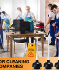 Heavy Duty Toilet Plunger Bulk Pack Of Six Black Double Thrust Rubber Force Cups in use by cleaning team in office.