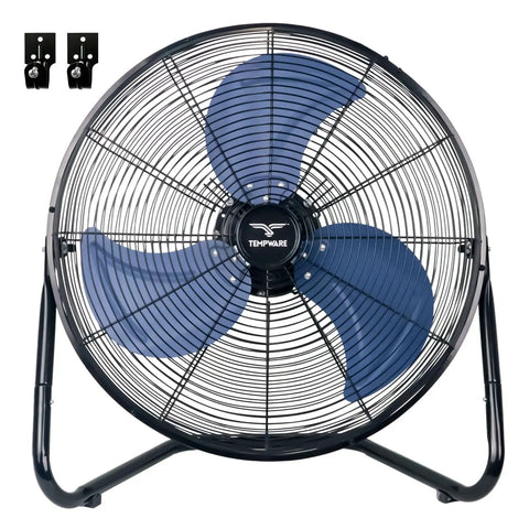 20 Inch High Velocity Industrial Floor Fan With 3 Speed Settings, Heavy Duty Metal Cradle, 360 Degree Tilt, wall mount hooks, black and blue