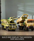 Military Vehicle Building Kit Dual M142 HIMARS And Dana M2 Howitzer Army Truck Models on display surface