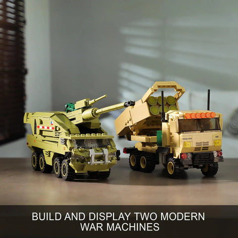 Military Vehicle Building Kit Dual M142 HIMARS And Dana M2 Howitzer Army Truck Models on display surface