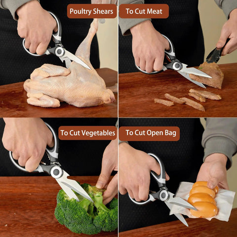 Three Pack Kitchen Scissors Set With Two Large Multi Purpose Scissors And One Curved Seafood Scissors For Chopping Meat Poultry Veggies And Seafood Heavy Duty Sharp Durable Kitchen Shears You Can Count On, stainless steel