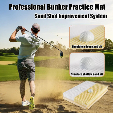 Golfers using Dual Sand Trap Golf Practice Mat Nails Realistic Bunker Shots With Shallow And Deep Sand Simulations