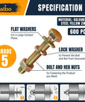 600 Piece Hex Bolt and Nut Set With Grade 5 Yellow Zinc Plated 1/4 20 5/16 18 3/8 16 Bolts And Nuts Plus Flat And Spring Washers Case Included For DIY Projects And Professional Work From ALBO showing bolt, nut, and washer details