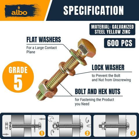 600 Piece Hex Bolt and Nut Set With Grade 5 Yellow Zinc Plated 1/4 20 5/16 18 3/8 16 Bolts And Nuts Plus Flat And Spring Washers Case Included For DIY Projects And Professional Work From ALBO showing bolt, nut, and washer details