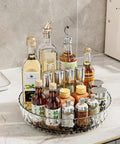 360 Degree Rotating Organizer Turntable for Kitchen Cabinets and Spice Rack with bottles on countertop storage