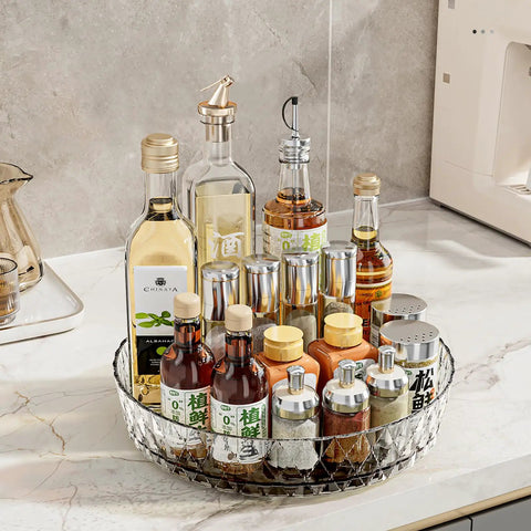 360 Degree Rotating Organizer Turntable for Kitchen Cabinets and Spice Rack with bottles on countertop storage