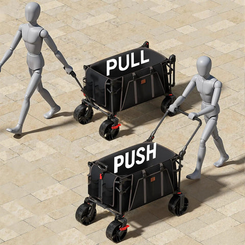 Two models using a folding push wagon with brakes, portable collapsible shopping cart on all terrain big wheels for outdoor hauling.
