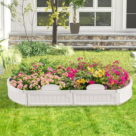 Kids Sandbox With Cover And Built In Seating, Weather Resistant Outdoor Sand Pit, white elliptical sandbox in garden.