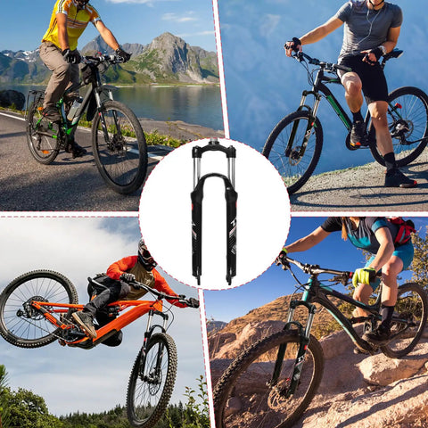 Image of a Beefy 26 Inch MTB Suspension Fork With 120Mm Travel And Crown Lockout, 28.6Mm Straight Steerer, 9Mm QR, 100Mm Hub Spacing, Aluminum Alloy Front Fork for XC Mountain Bikes against various biking scenes.