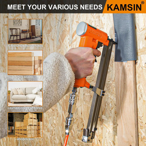Person using Pro Grade Heavy Duty Upholstery Stapler For Furniture Making With Extended Magazine That Holds 200 Staples on wood panel
