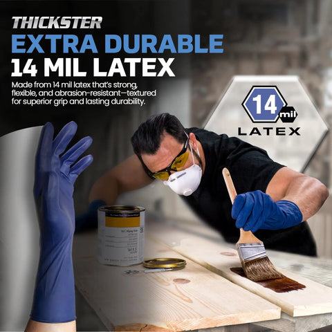 Latex Powder Free Exam Grade Disposable Gloves Blue 14 Mil Thick 12 Inch Long Fully Textured For Superior Grip Single Use Pack Of 50 Medium displayed during woodworking with paint tool in use.
